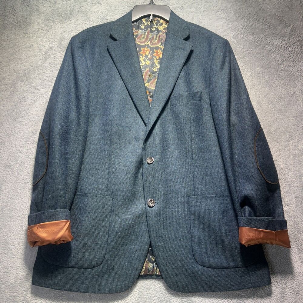 Tallia Sport Coat Men 42 Blue Wool Tweed Elbow Patches Paisley Lining Jacket